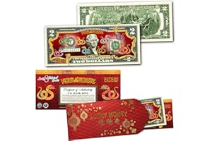 MERRICK MINT 2025 Chinese Lunar New Year of The Snake Polychromatic 8 Colorized Snakes Uncirculated Two Dollar Bill Special Edition in Red Lucky Envelope