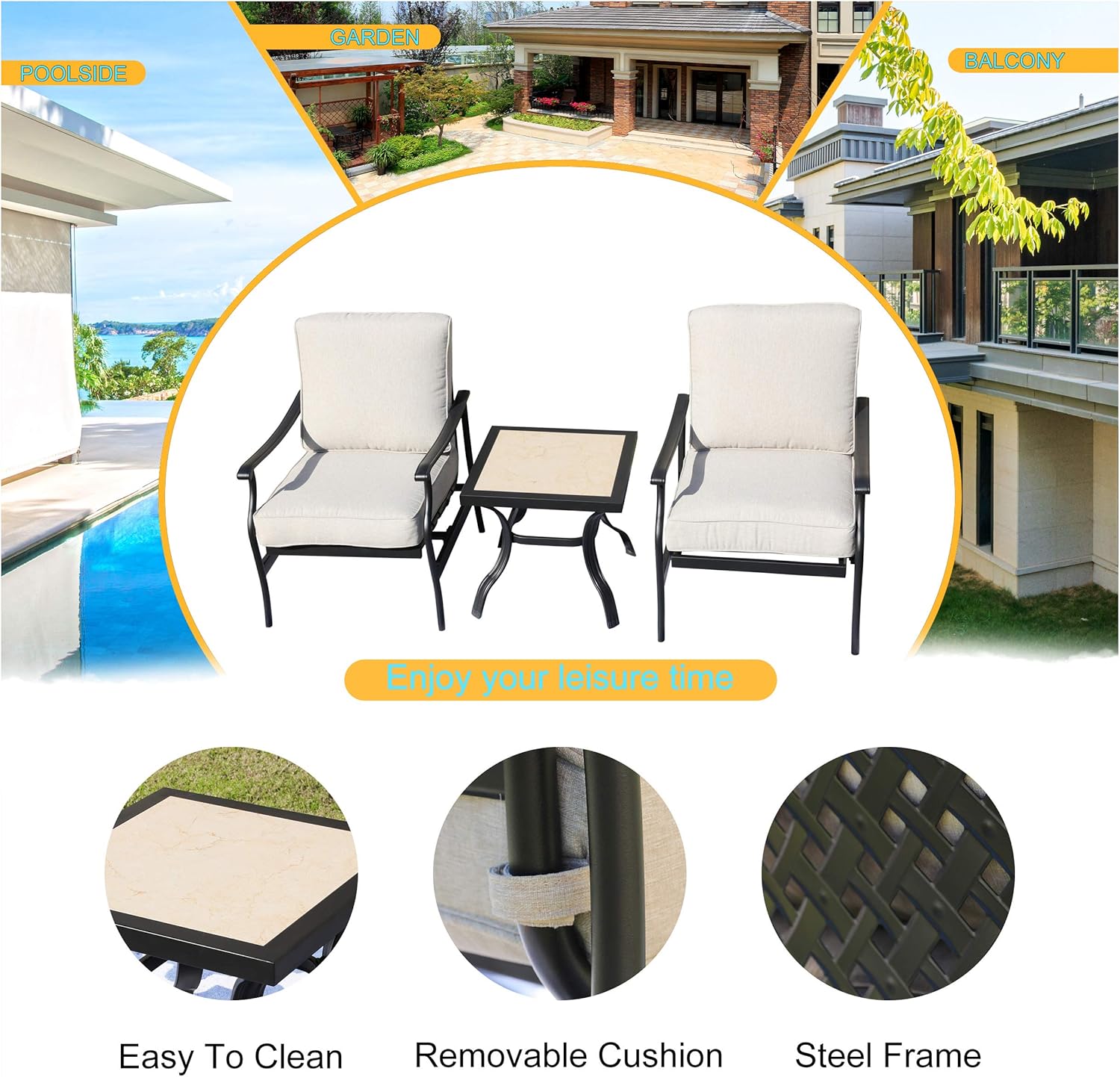 LOKATSE HOME 3 Pcs Outdoor Conversation Furniture Patio Bistro Set Modern Metal Chair with Cushion & Square Coffee Table, Beige : Garden & Outdoor