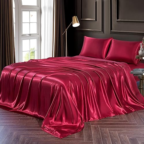 Chvonttow 4 Piece Satin Sheets Full Size Luxury Silky Satin Bed Sheets Set, Wrinkle, Fade, Stain Resistant, 1 Deep Pocket Fitted Sheet + 1 Flat Sheet + 2 Pillowcases (Burgundy)