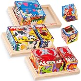 SYNARRY Wooden Puzzles for Toddlers 2-4, Farm Jungle Ocean Animals Puzzles for Kids Ages 3-5, Wooden Cube Puzzle with Storage Tray, Large Block Montessori Toys for 2 3 4 Year Old, Gifts for Kids