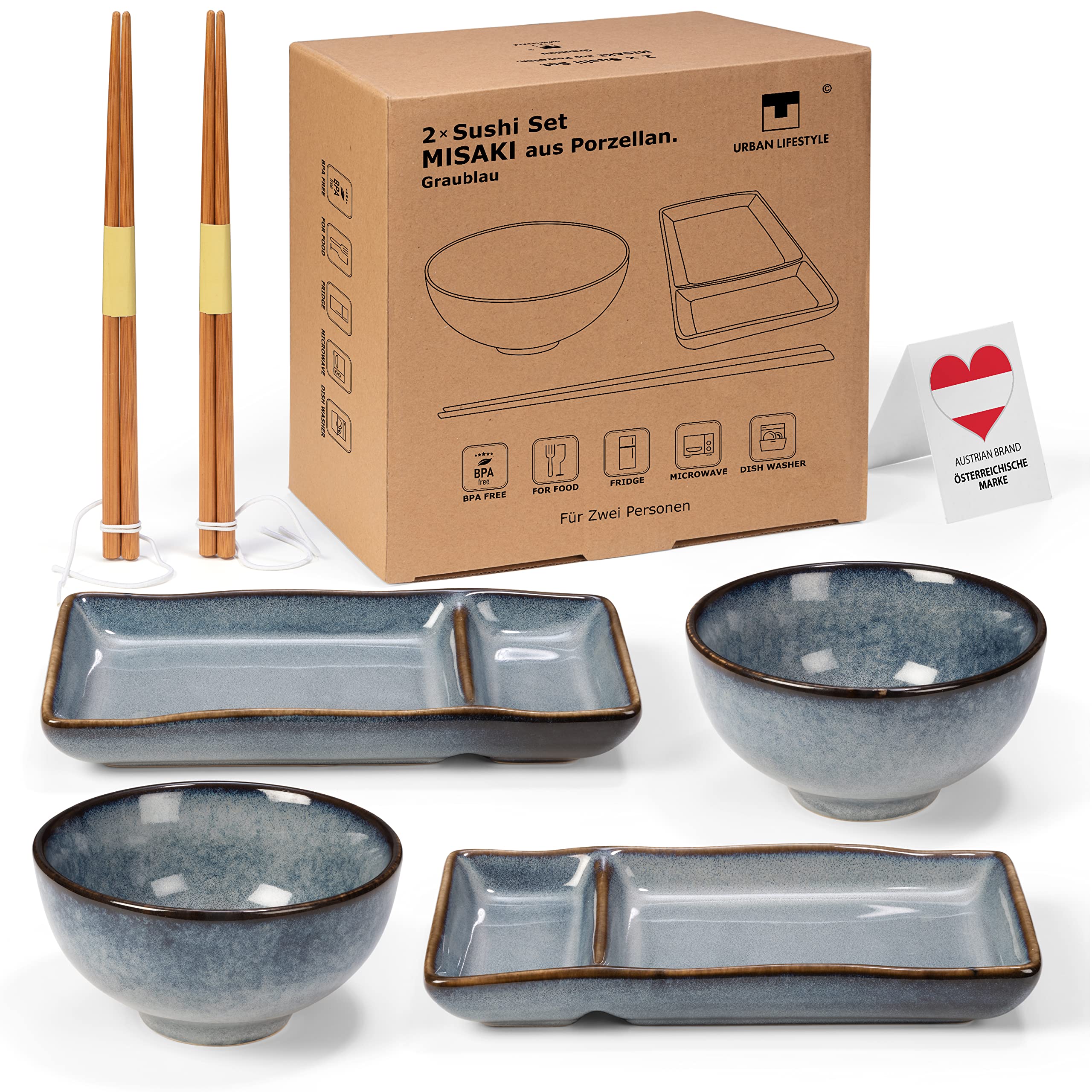 Urban Lifestyle Sushi Set for 2 Japanese Ceramic Dinner Set, Plates and Bowls Set with Reactive Glaze, 2 Plates, 2 Bowls for Sushi Rice & Miso Soup, 2 Pairs Bamboo Chopsticks Misaki (Grey Blue)