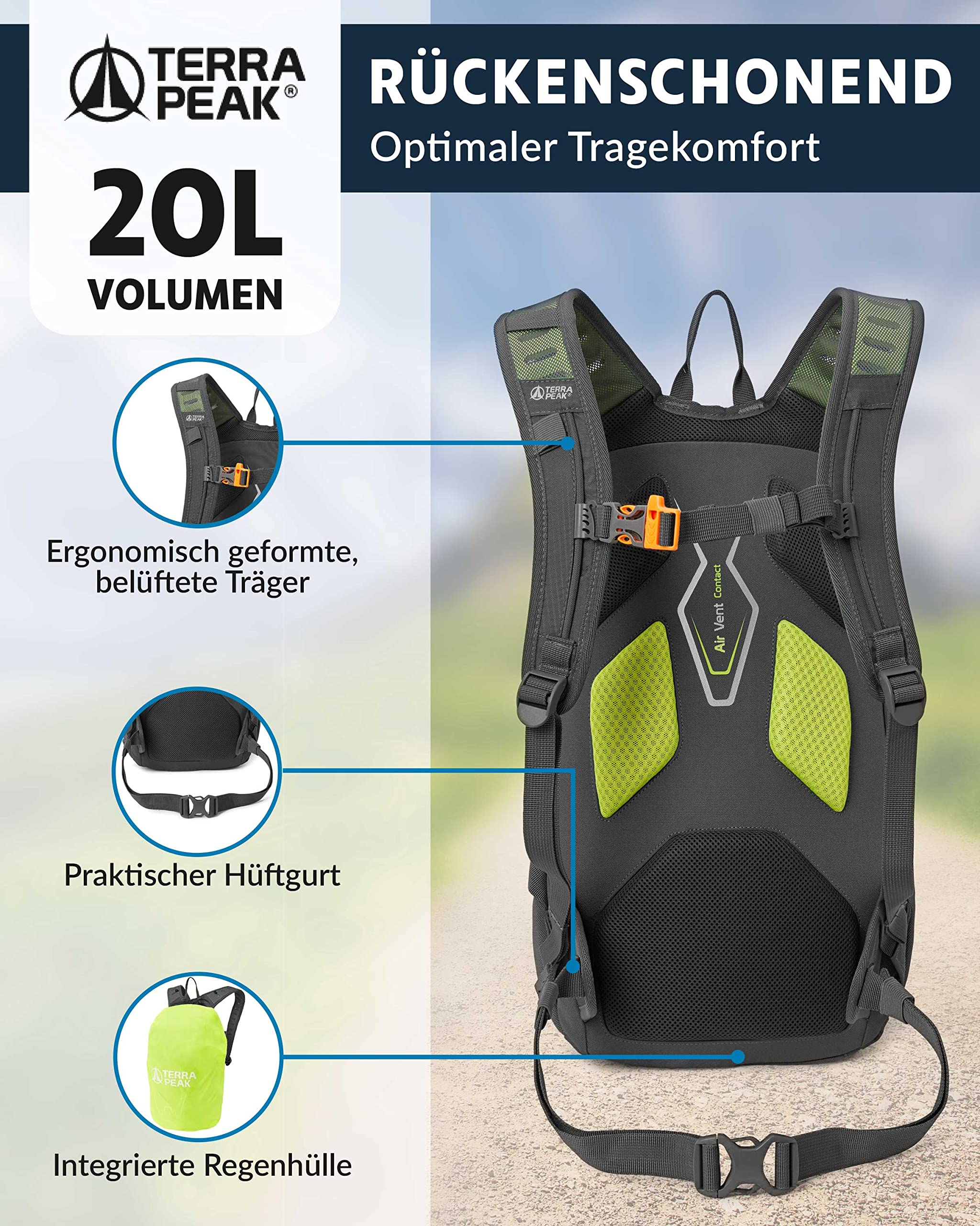 Terra Peak® Premium Wanderrucksack 20L ACTIVE 20 Damen Herren & Erwachsene klein grau - Trekking-Rucksack zum Wandern - Daypack Rucksack & Tagesrucksack wasserdicht mit Laptop-Fach & Trinksystem 4