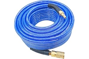SYXQT Polyurethane(PU) Air Hose 1/4-Inch x 100ft Reinforced, Lightweight, Kink Resistant, 300PSI with 1/4” Swivel Industrial Quick coupler&plug, Bend Restrictor, Dark Blue