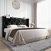 Allewie Velvet King Size Upholstered Bed Frame with Wingback Storage Headboard & Charging Station, Platform Bed with Diamond Tufted Design & Gold Trim, No Box Spring Needed, Easy Assembly, Black