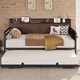 LIKIMIO Twin Daybed with Pop Up Trundle &amp; Charging Station &amp; Storage Shelf | Pop Up Trundle with Smooth Wheels, Strong Supports for Apartment and Small Space, Dark Brown