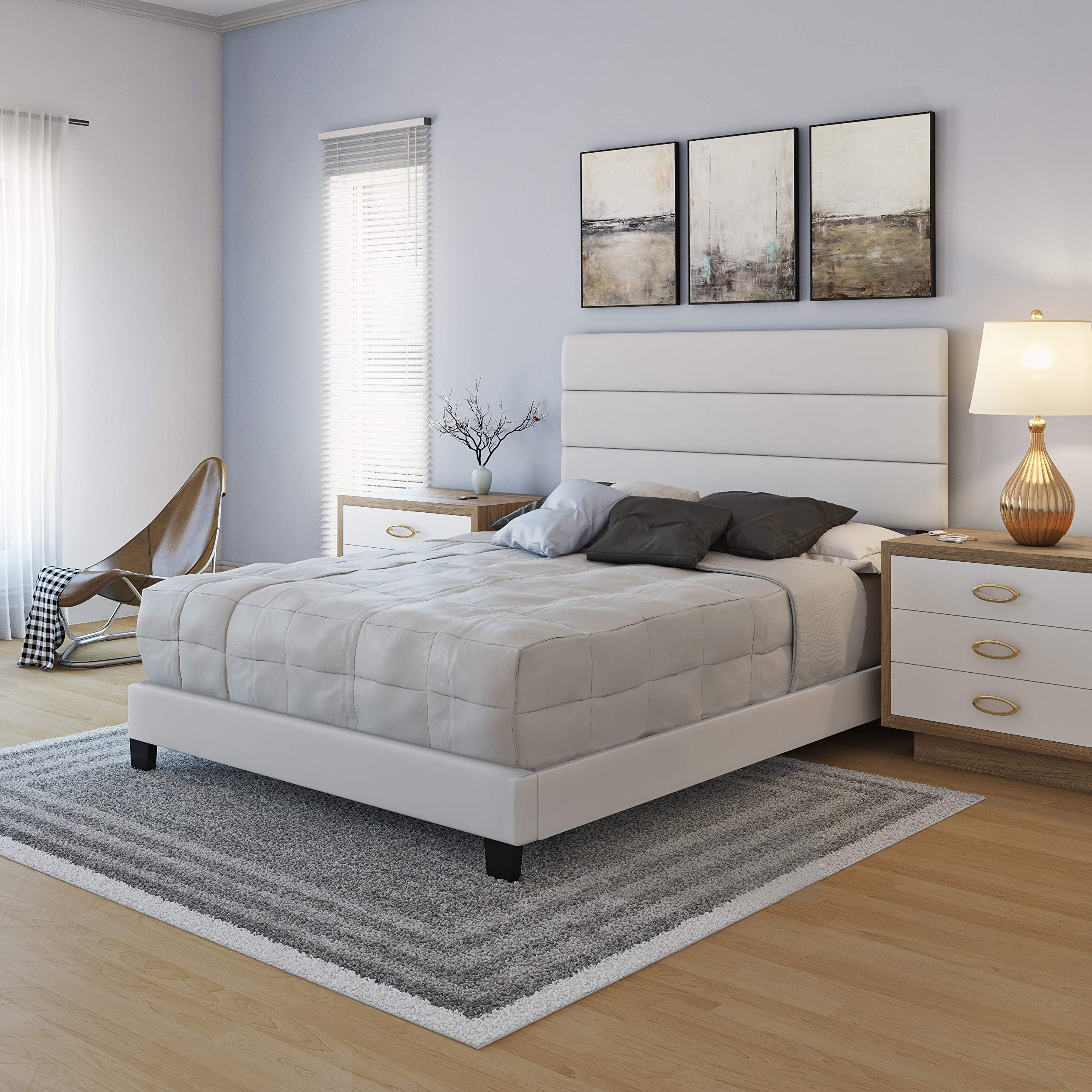 Boyd Sleep Piedmont Upholstered Platform Bed Frame Mattress Foundation with Tri-Panel Headboard and Strong Wood Slat Supports: Faux Leather, White, Queen