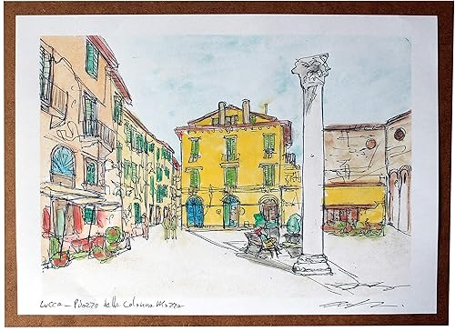 Lucca,Piazza della Colonna Mozza- Original Druck, erstellt vom Künstler Davide Pacini - Größe cm 29,7x21 cm, Material, A4-Druckpapier, 80g / m² - Hergestellt in Italien, Toskana, Lucca.