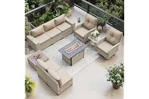 Muphyers 10-Piece Outdoor Patio Furniture Set with Rocking Swivel Chair, PE Wicker Rattan Sectional Sofa Patio Conversation Set with 55,000 BTU Fire Pit Table & Coffee Table, Sand