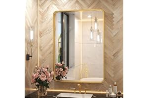 TETOTE Brushed Gold Bathroom Mirror, 24 x 32 Inch Metal Framed Mirror, Brushed Brass Rectangle Wall Mounted Golden Vanity Mirror (Horizontal/Vertical)