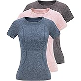 3 Pack Seamless Workout Shirts for Women - Moisture Wicking Quick-Dry Active Athletic Women's Gym Performance T Shirts