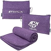 PAVILIA Travel Blanket Compact, Airplane Packable Bag, Soft Fleece Portable Throw Pillow Combo Set, Plane Flight Car Trips Essentials Gift Accessories, Luggage Backpack Clip, Purple, 65 x 40 Inch
