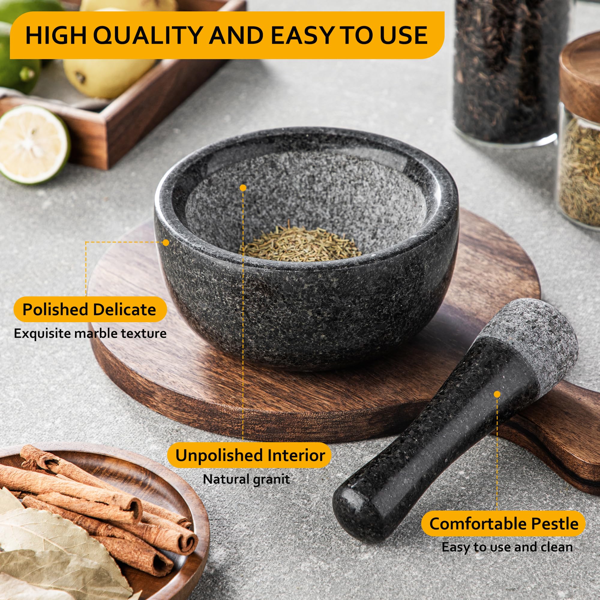 Velaze Large Mortar and Pestle Set, 100% Granite, Natural Unpolished, Herb Crusher, Spice Grinder, Stone Grinder Bowl for Making Guacamole and Pesto, 6.3 Inch Pestle and 16 oz Mortar(2 Cup)