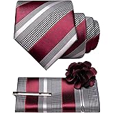 JEMYGINS Mens Striped Tie and Lapel Pin Necktie Pocket Square and Tie Clip Sets for Business Casual 4PCS