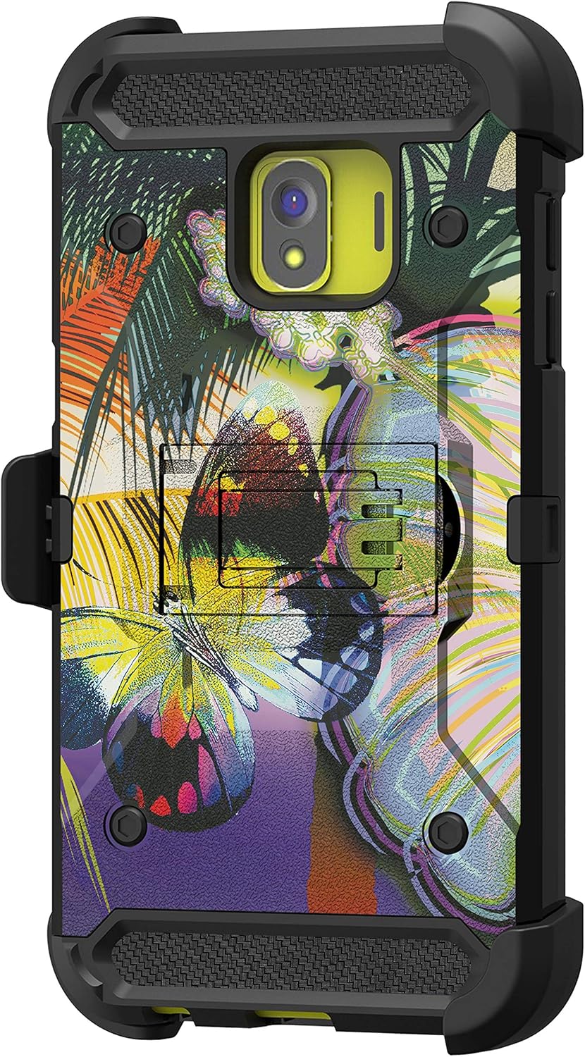 TurtleArmor | Compatible with Samsung Galaxy J2 Core Case | J2 Dash | J2 Pure [Armor Pro] Armor Full Body Rugged Hybrid Kickstand Holster Belt Clip Case Sea Ocean - Tropical Butterfly