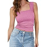 MISSACTIVER Women Square Neck Wide Straps Crop Tank Tops Casual Floral Sleeveless Lettuce Trim Slim Fit Crop Cami Vest Tops