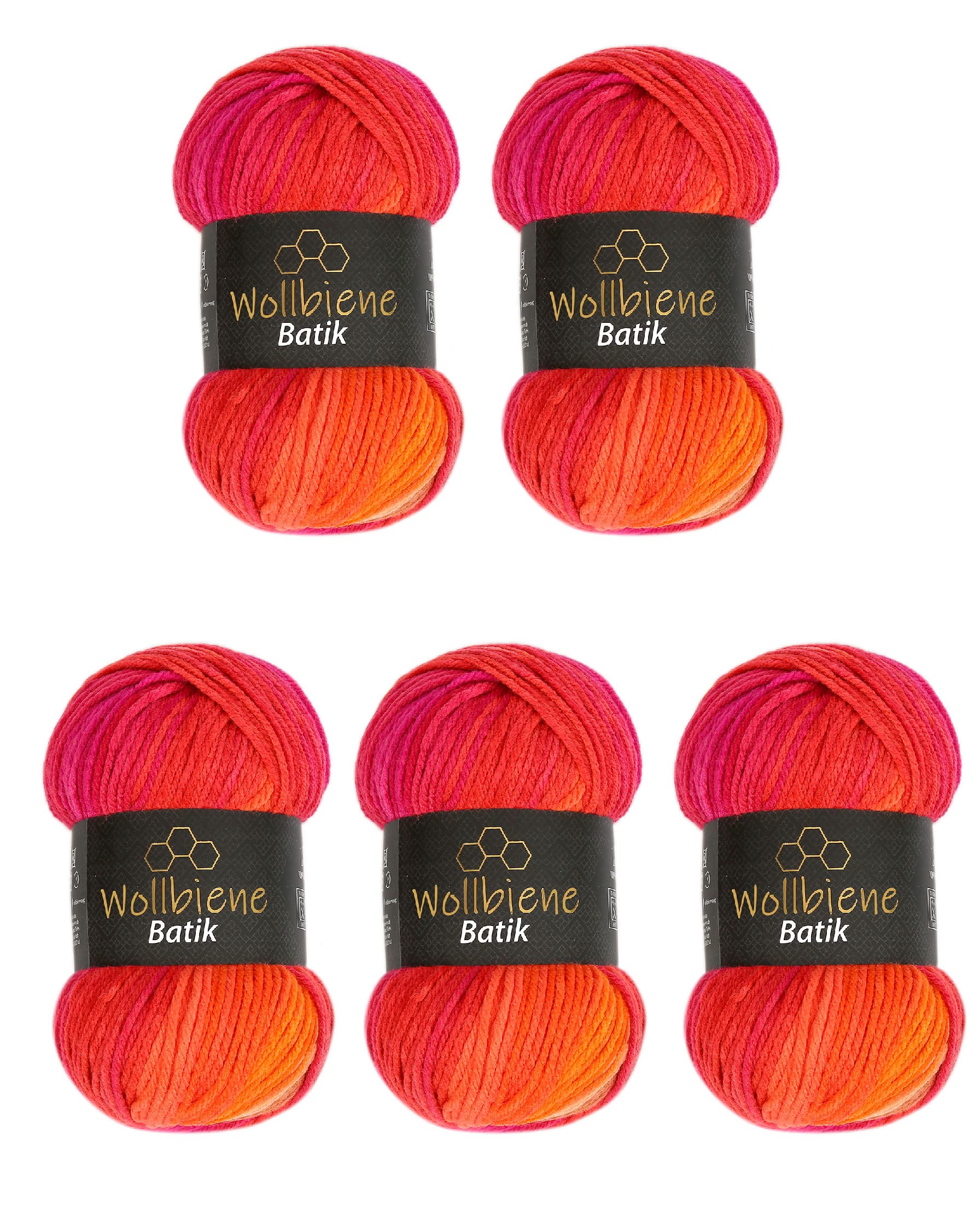 5 x 100 g Wollbiene Batik, 500 g Wool with Colour Gradient, Multicoloured Knitting Wool, Crochet Wool (1410 Red Orange)