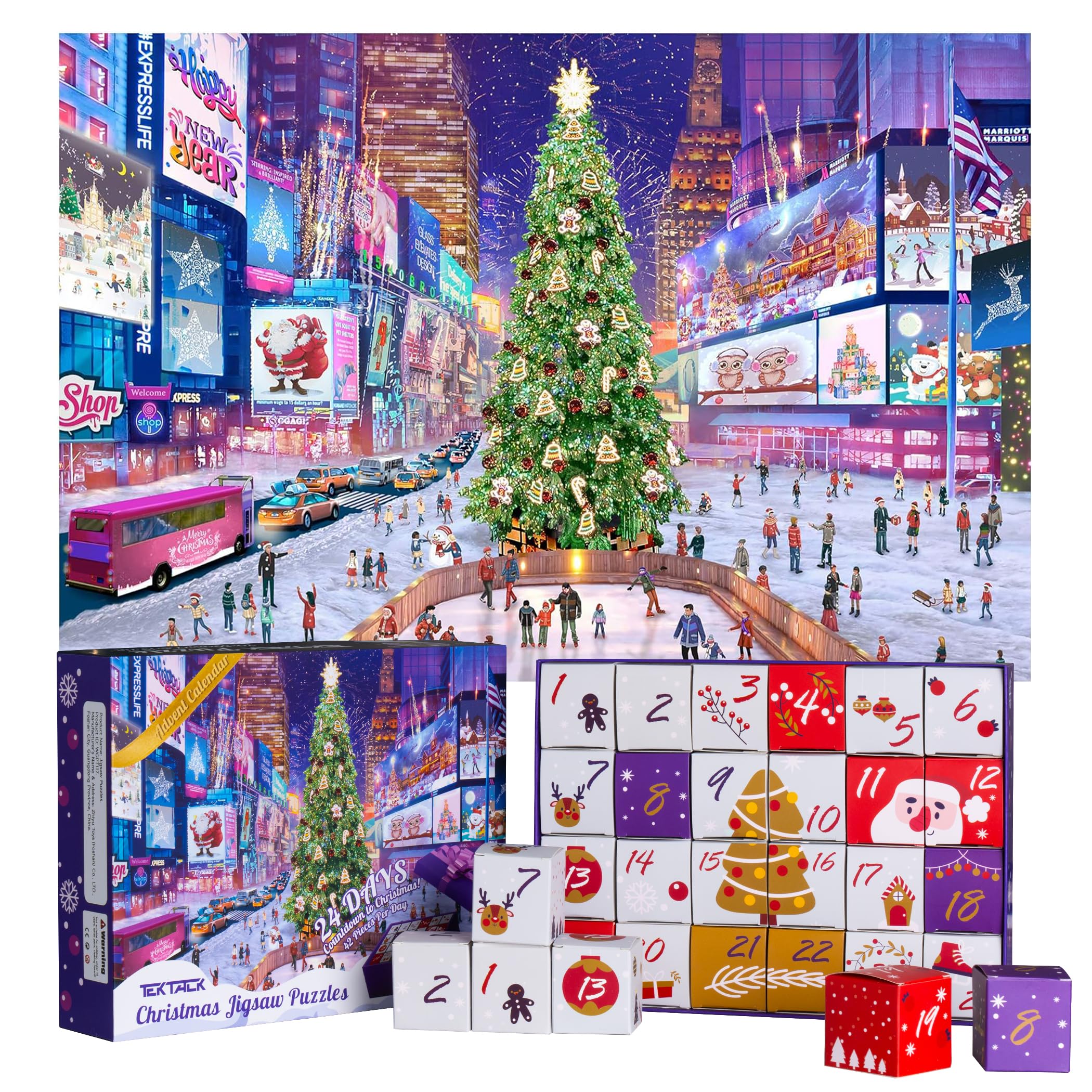 Tektalk Advent Calendar 2024 - 1008 Piece Christmas Jigsaw Puzzles, 24 Boxes for Adults & Kids, Home Decoration Gift - Times Square
