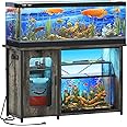 Hyomdeck 55-75 Gallon Fish Tank Stand with Power Outlets & LED Light, Reversible Heavy Duty Metal Aquarium Stand with Cabinet for Fish Tank Accessories Storage, Turtle/Reptile Terrariums, Black oak