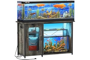 Hyomdeck 55-75 Gallon Fish Tank Stand with Power Outlets & LED Light, Reversible Heavy Duty Metal Aquarium Stand with Cabinet for Fish Tank Accessories Storage, Turtle/Reptile Terrariums, Black Oak