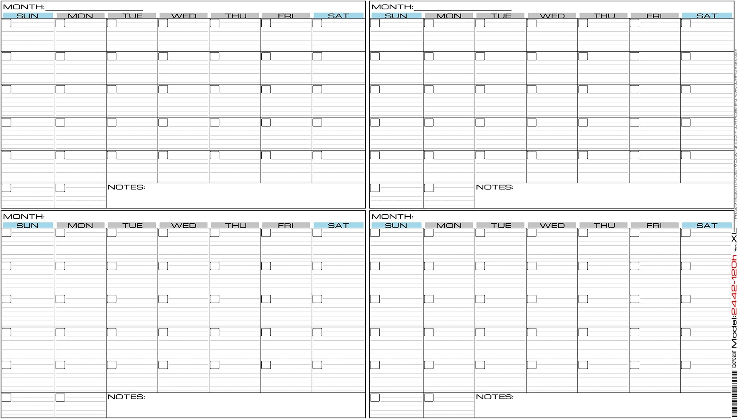 JJH Planners - Laminated Blank - 24" x 48" - Extra Large - Erasable 4 Month Horizontal Wall Planner (4Mh-2448)