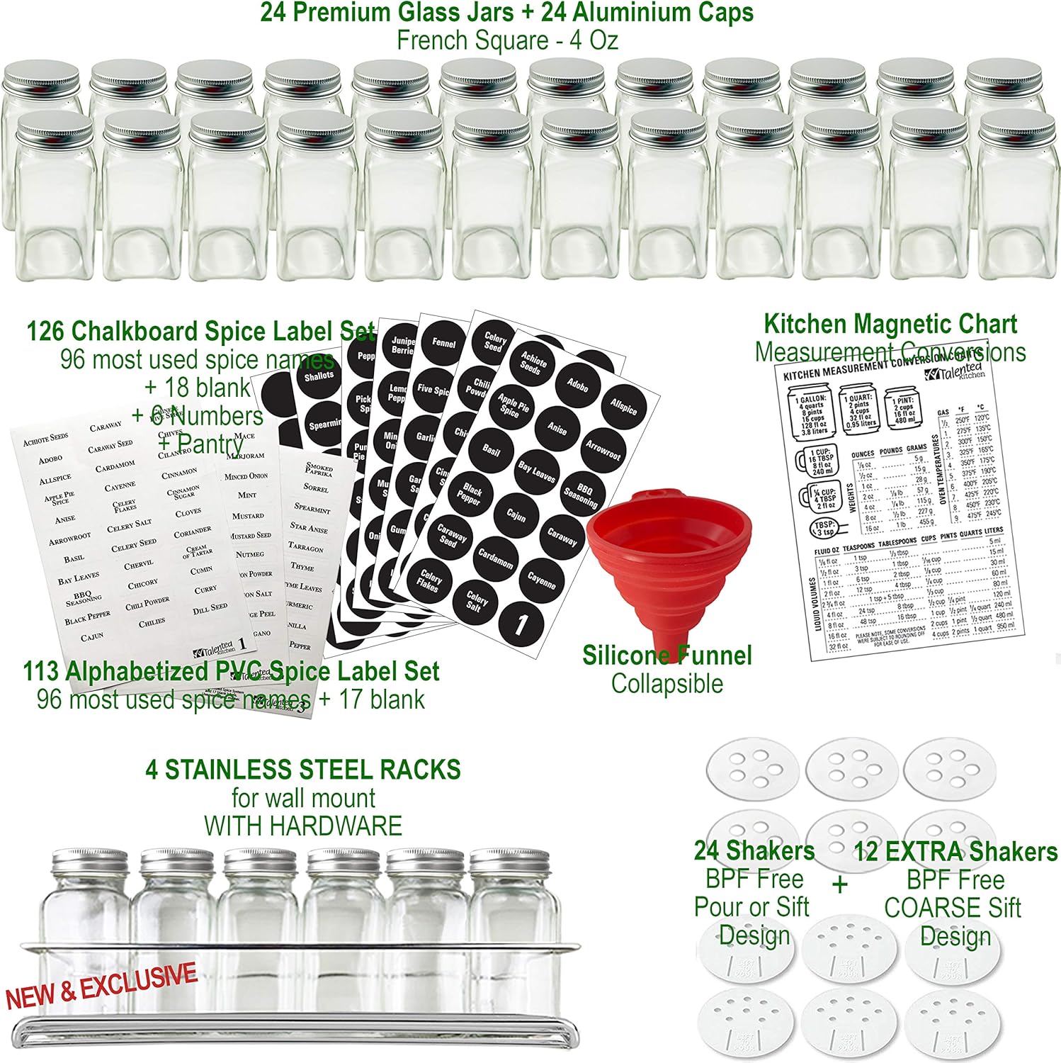 4 Spice Racks with 24 Glass Spice Jar & 2 Types of Printed Spice Labels by Talented Kitchen. Complete Set: 4 Wall Mount Stainless Steel Racks, 24 Square Empty Glass Jars 4oz, Chalkboard & Clear Label: Home Improvement