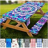 Fitted Picnic Table Cover with Bench Covers Vinyl Waterproof Elastic Edges Fitted Rectangle Tables Patio Tablecloth Camping Gear and Essentials Rv Accessories Road Trip Supplies Car Travel Must Haves
