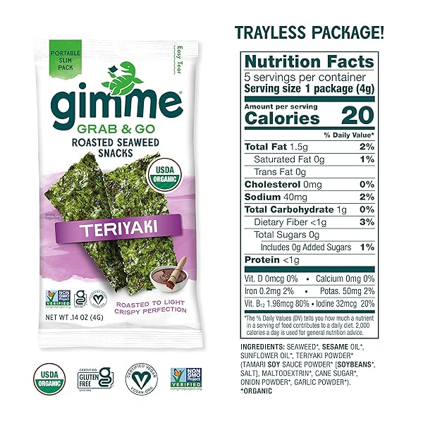 GIMME SEAWEED GRAB & GO ORGANIC PREMIUM ROASTED SEAWEED SNACKS, TERIYAKI, 5 COUNT TRAYLESS, KETO, VEGAN, GLUTEN-FREE, SOURCE OF OMEGA3S AND IODINE, HEALTHY ON-THE-GO SNACK FOR KIDS AND ADULTS