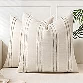 AELS 18x18 Decorative Farmhouse Linen Blend Throw Pillow Covers, Boho Textured Pillow Case, Set of 2, Beige with White & Brown Stitch Yarn Dyed Stripe Cushion Cover for Sofa Living Room (Cover ONLY)