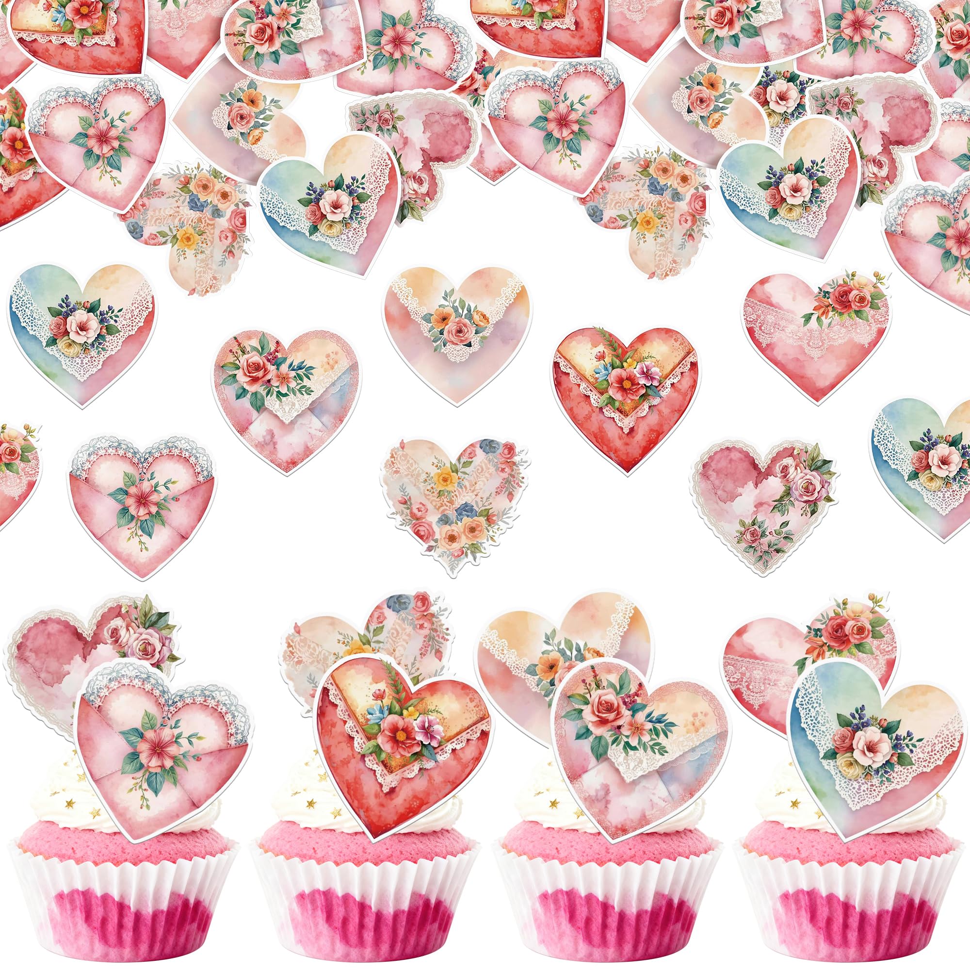 SYKYCTCY 64 Pack Edible Happy Valentine's Day Cupcake Toppers Wafer Paper Sweet Love Heart Rose Flower Cupcake Picks Decoration for Valentine's Day Theme Party Cake Decorations Supplies — image 1
