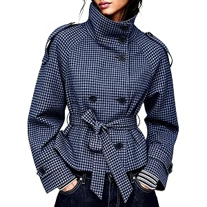 VATEAMI Women's Gingham Trench Coat Double Breasted Short Jacket | Plaid Stand Collar Cropped Coat with Pockets, Spring Fall