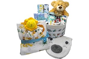 NIKKI'S GIFT BASKETS Joyful Arrival Deluxe Baby Boy Gift Basket, Baby Layette Set with 20-Piece Premium New Baby Essentials & Canvas Diaper Tote, Baby Gift Set for Expecting Moms & Baby Showers