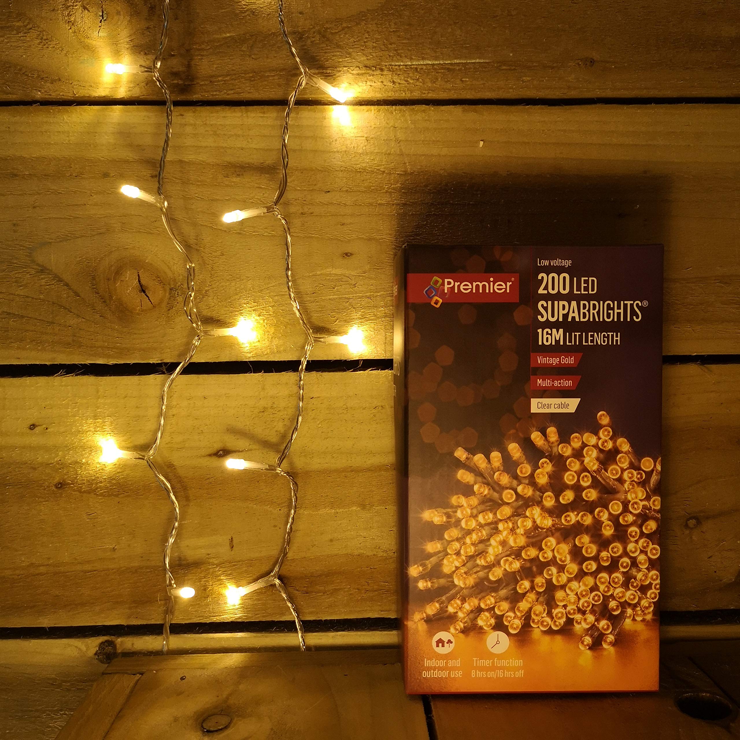 Premier 200 Christmas LED Lights 16m in Vintage Gold on Clear Wire