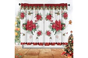 Cuteiush Christmas Poinsettia Curtain Valances 26''W X 45'' L Decor for Kitchen Red and White ，Set of 2