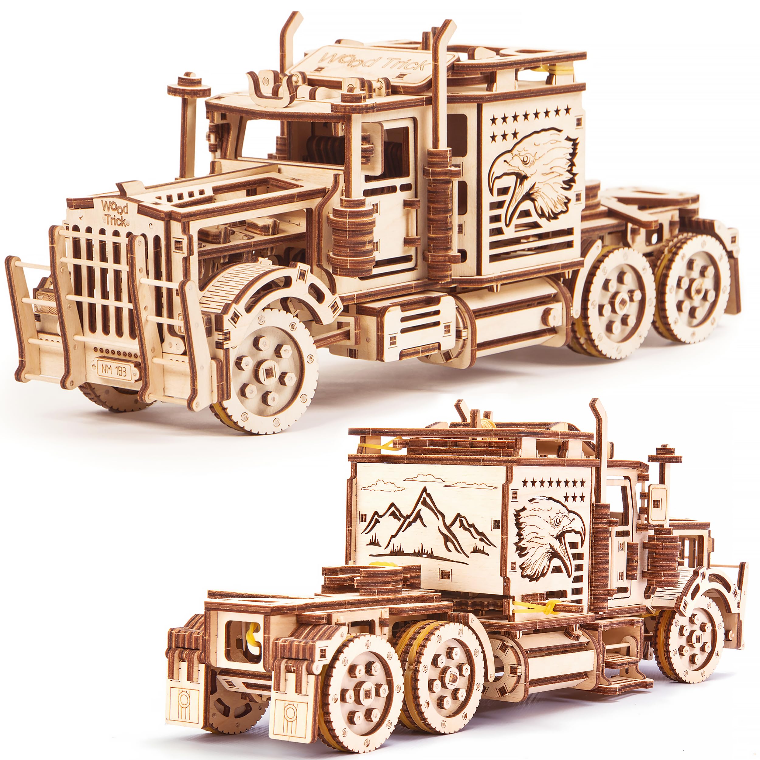 Wood Trick Big Rig Mechanical Toy Truck - Powerful Rubber Band Motor - Realistic Semi Truck Wooden Model Kit for Adults and Kids - 3D Wooden Puzzle