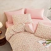 Wake In Cloud - Floral Comforter Set with Sheets, Cute Vintage Flower Cottagecore Aesthetic for Women Teen Girls, 7 Pieces Bed in a Bag, Cream Pink, Full Size