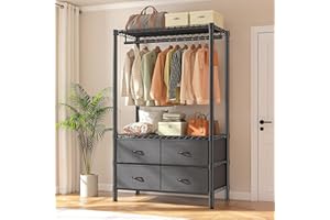 Raybee Clothing Rack Heavy Duty Clothes Rack for Hanging Clothes Adjustable Wardrobe Closet with 4 Drawers Freestanding Garment Rack for Extra Closet Space, Black