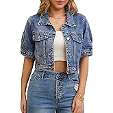 CIMUK Women's Short Sleeve Denim Jacket Trendy Classic Casual Summer Cropped Jean Jacket
