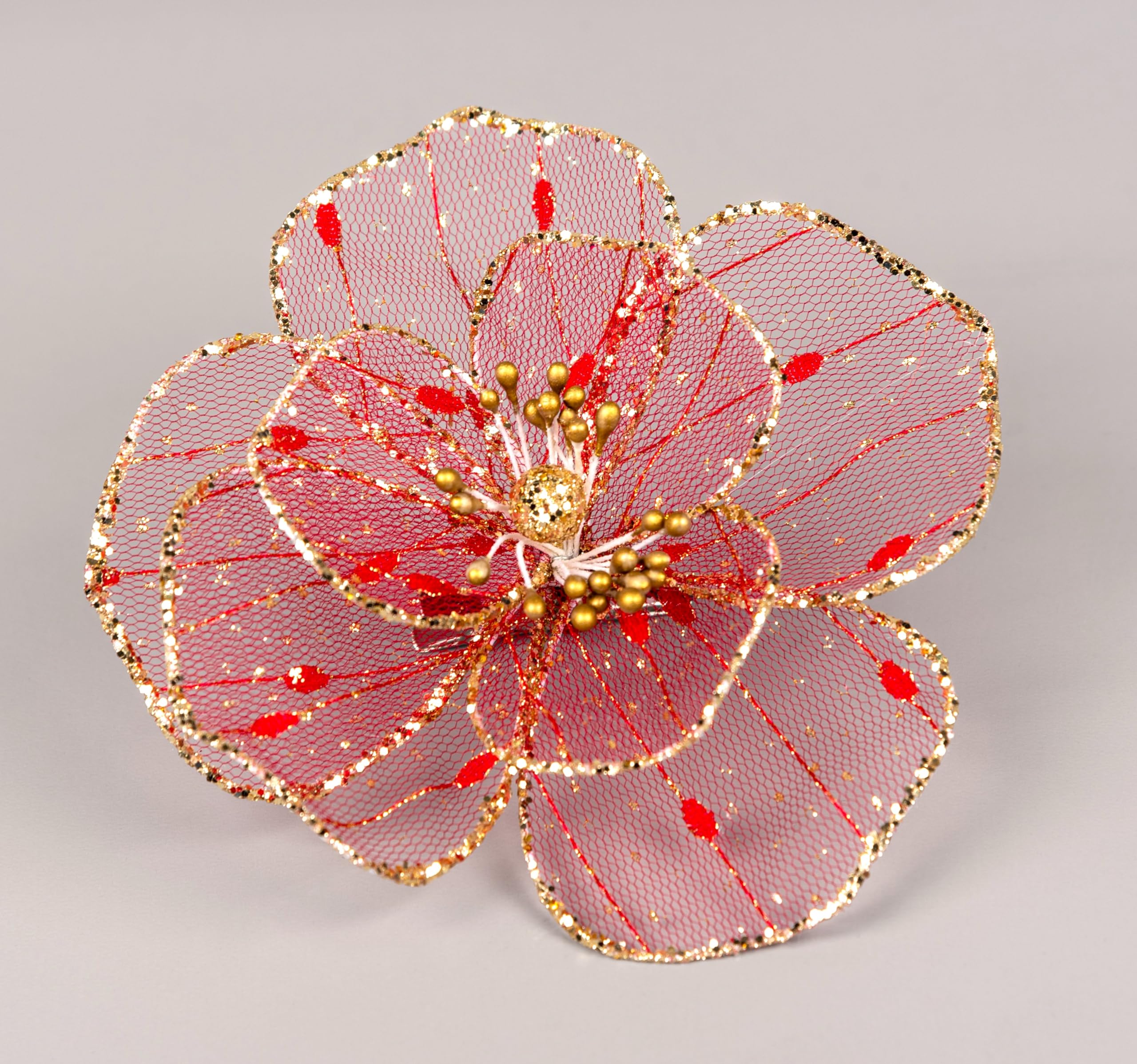 6Pcs -16cm Deluxe Christmas Glitter Poinsettia Red Gold Net Artificial Flowers with Metal Clips Christmas Tree Decorations Wedding New Year Ornaments