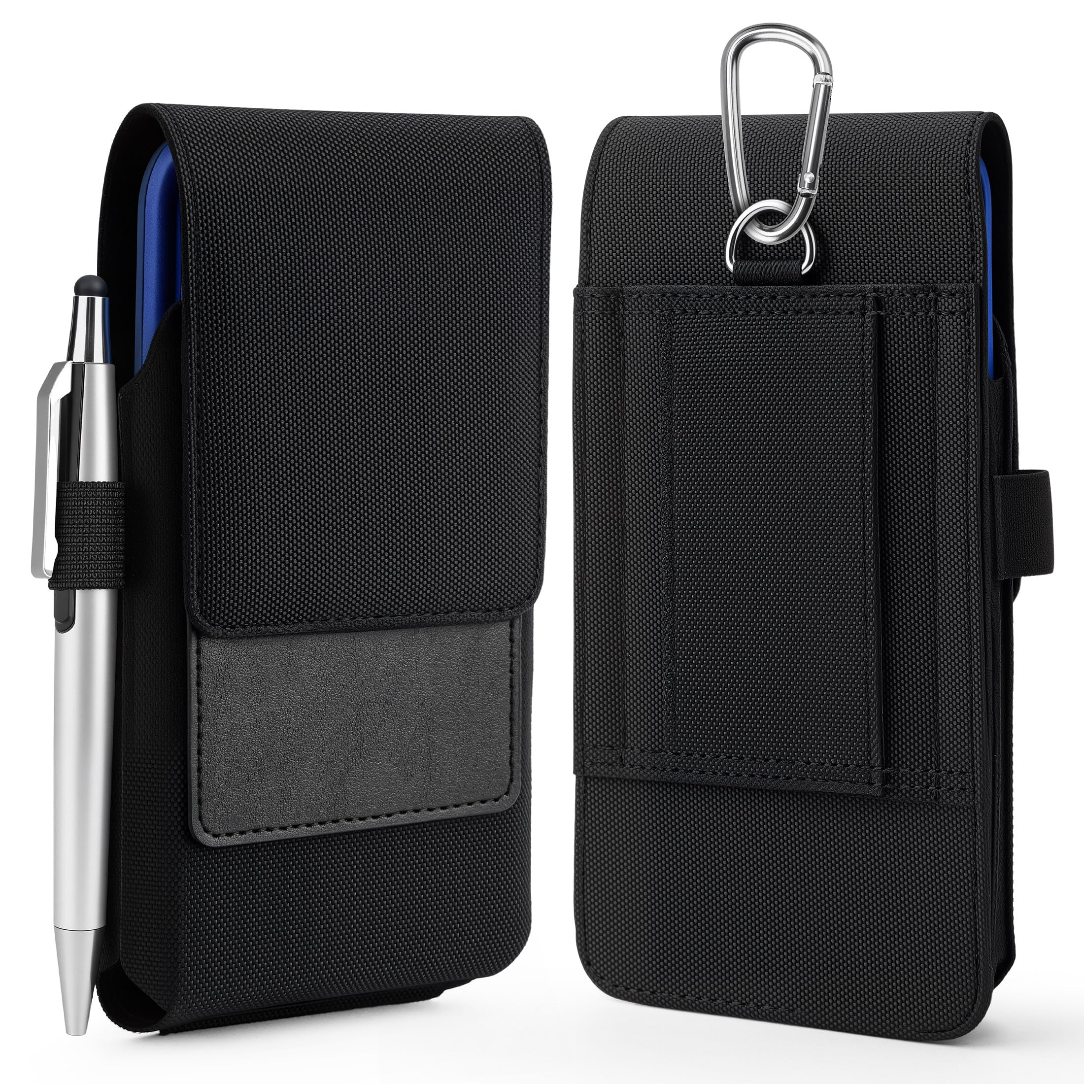 BECPLT for iPhone 16/15/14/13/12 Pro & Galaxy S24/S23/S22/S21 - Nylon Phone Holster with Belt Clip, Loops - Black