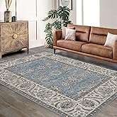 GarveeHome 8x10 Area Rug Retro Floral, Washable Rug for Living Room Boho Vintage Large Rug for Bedroom Soft Non Slip Low Pile Floor Mat Persian Carpets for Dining Room Office Stain Resistance, Blue