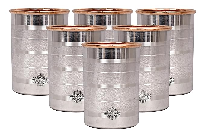 Indian Art Villa Steel Copper Glass Tumbler, Drinkware & Serveware, 250 ML Each, Set of 6