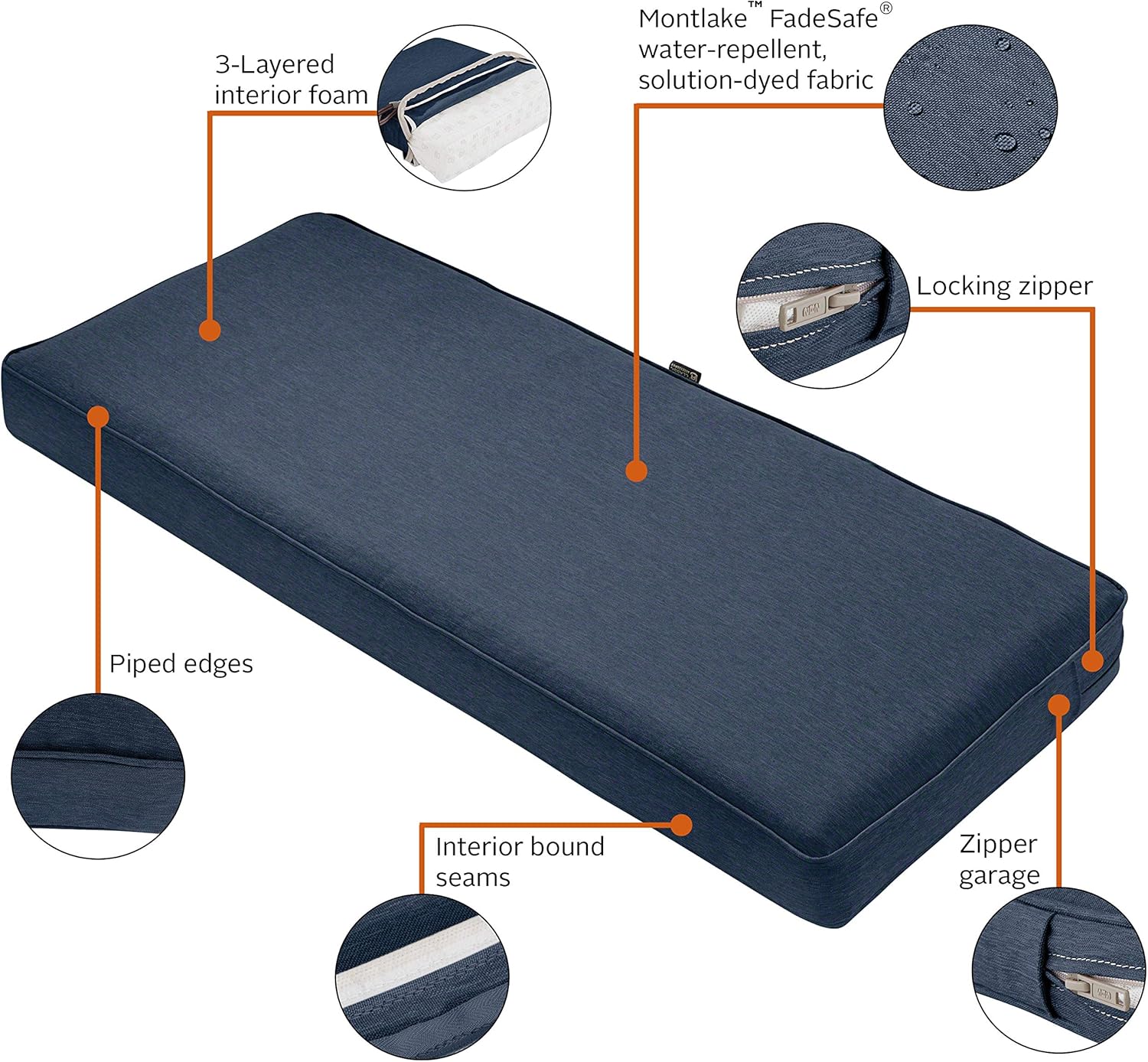 Classic Accessories Montlake Water-Resistant 42 x 18 x 3 Inch Patio Bench/Settee Cushion, Heather Indigo Blue : Garden & Outdoor
