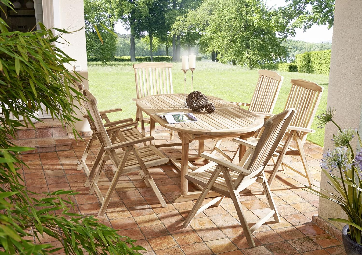 SAM® Teak Gartengruppe Aruba 7 teilig, 6 zusammenklappbare Hochlehner