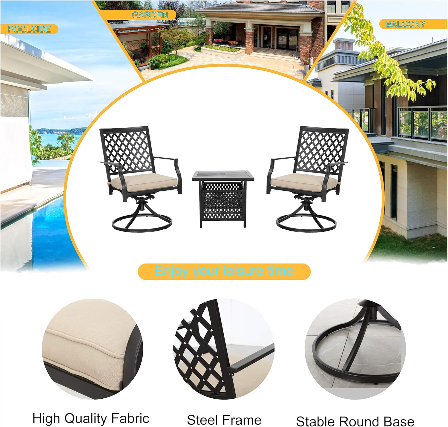 LOKATSE HOME 3 Pieces Patio Swivel Set Outdoor Metal Steel Furniture with 2 Dinning Chairs and Umbrella Side Square Table, bar, Beige Cushions: Garden & Outdoor