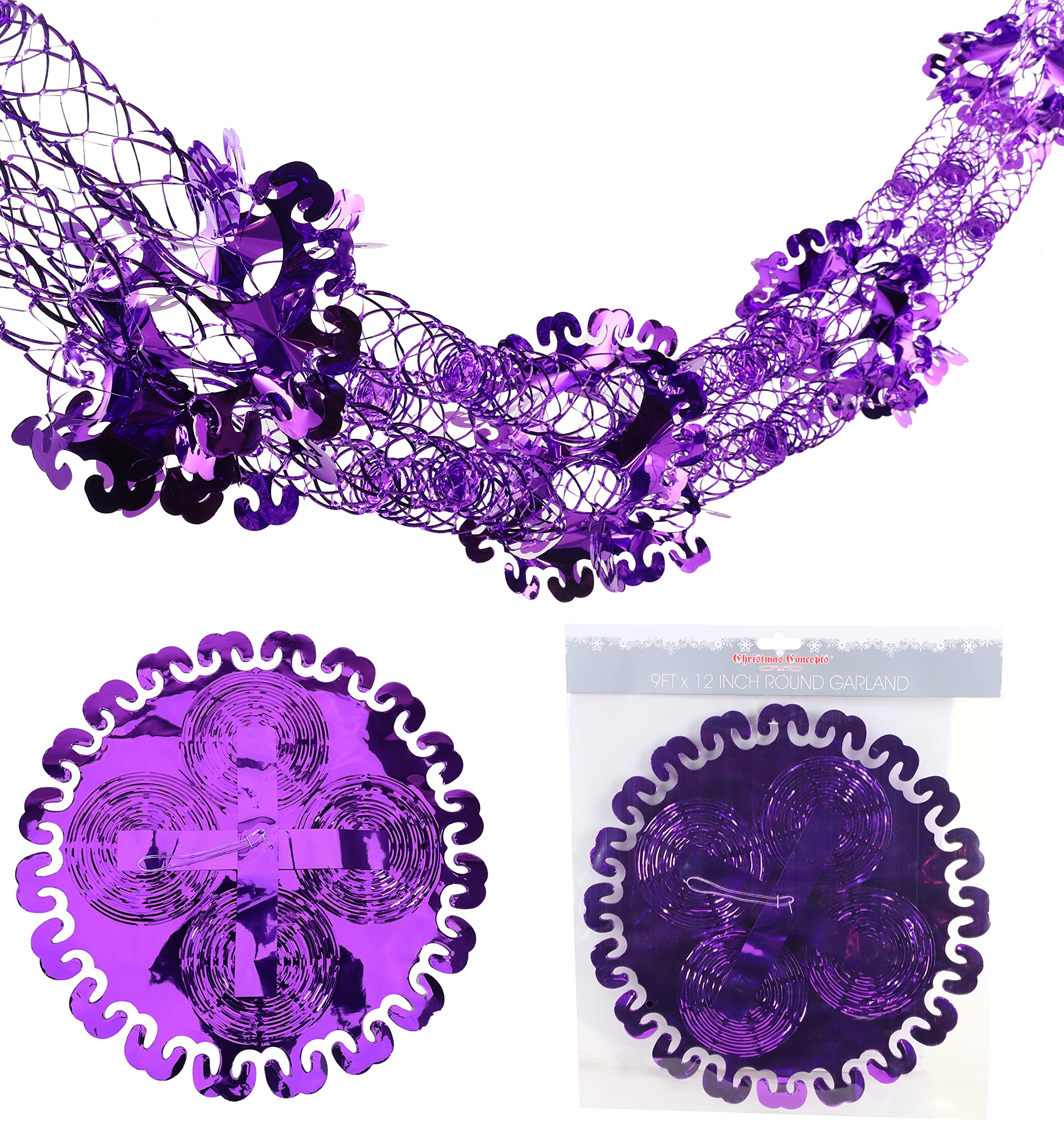 Christmas Concepts® 9ft x 1ft Large Round Foil Garland Festive Hanging Decorations – Christmas Trimming (Purple)