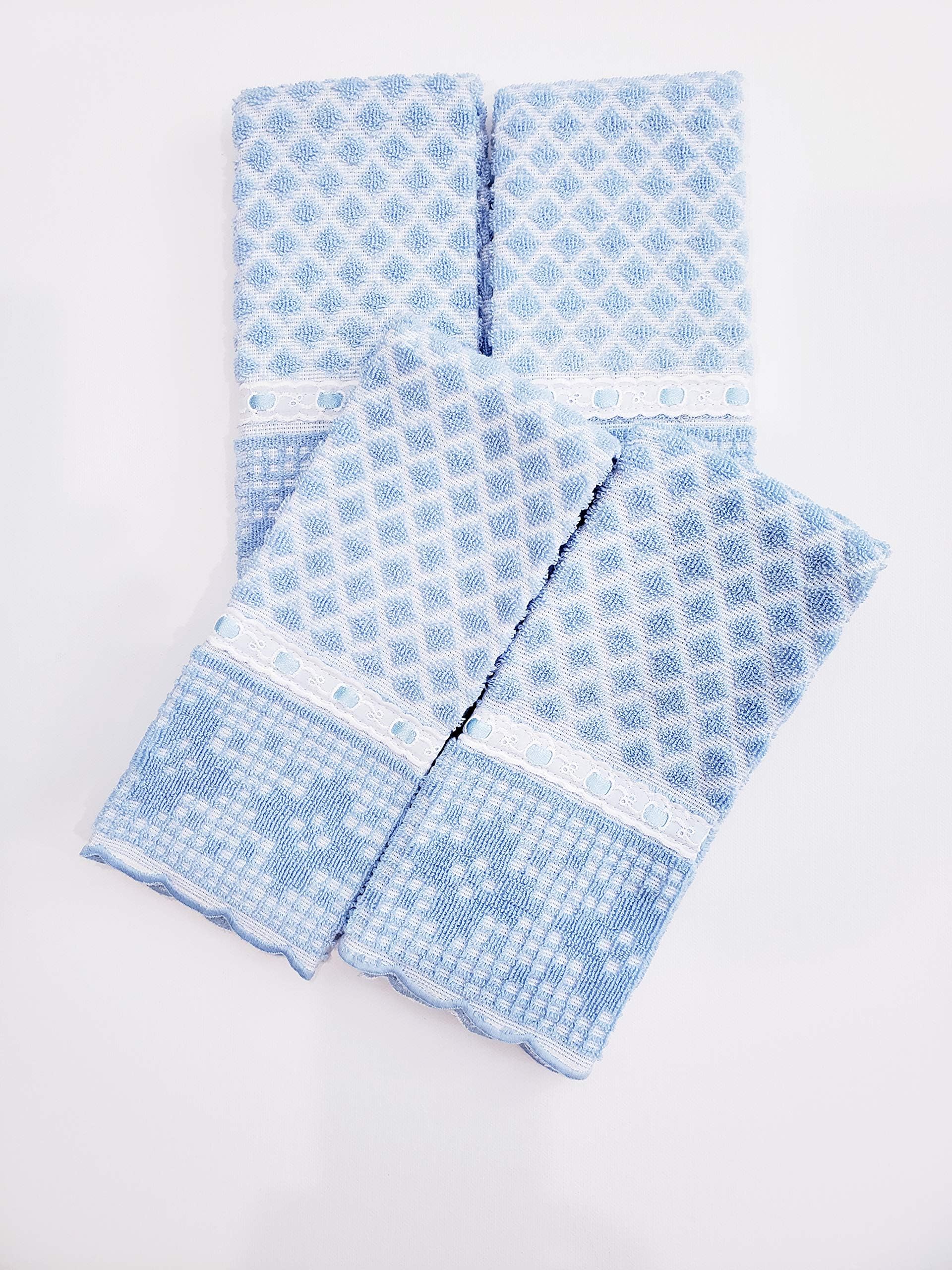 AdonisUSA Set of 4. 100% Cotton Fingertip or Hand Towels. Size 12"x 20" (Blue Waffle Pattern with Blue Satin Ribbon)