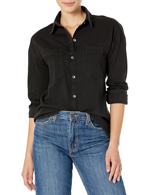 Amazon Essentials Women's Denim Oversize Two-Pocket Tunic Shirt (Previously Goodthreads), Washed Black, X-Small