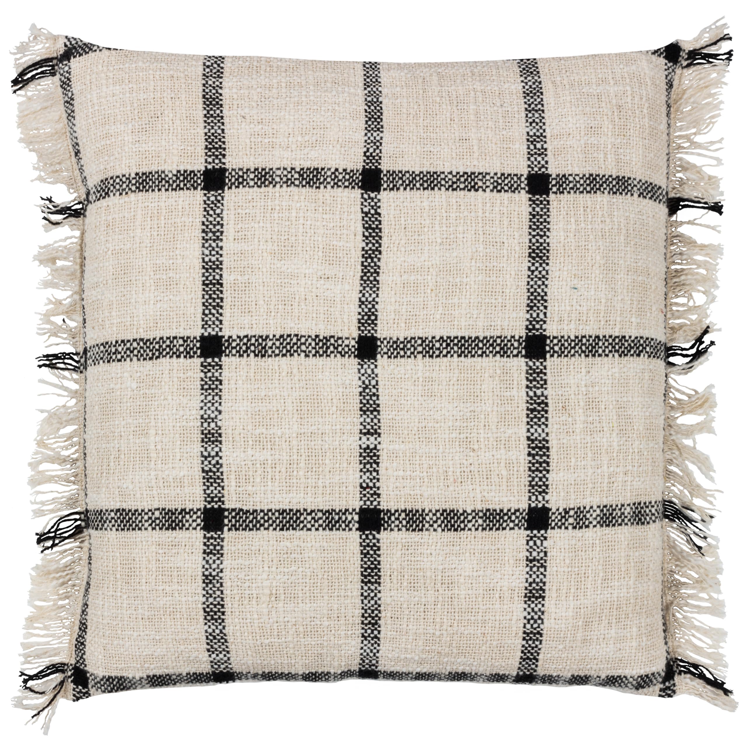 furn. Yard Beni Cushion Cover – Woven Check Cotton with Double Fringed Trim (Natural/Black – 45 x 45 cm)