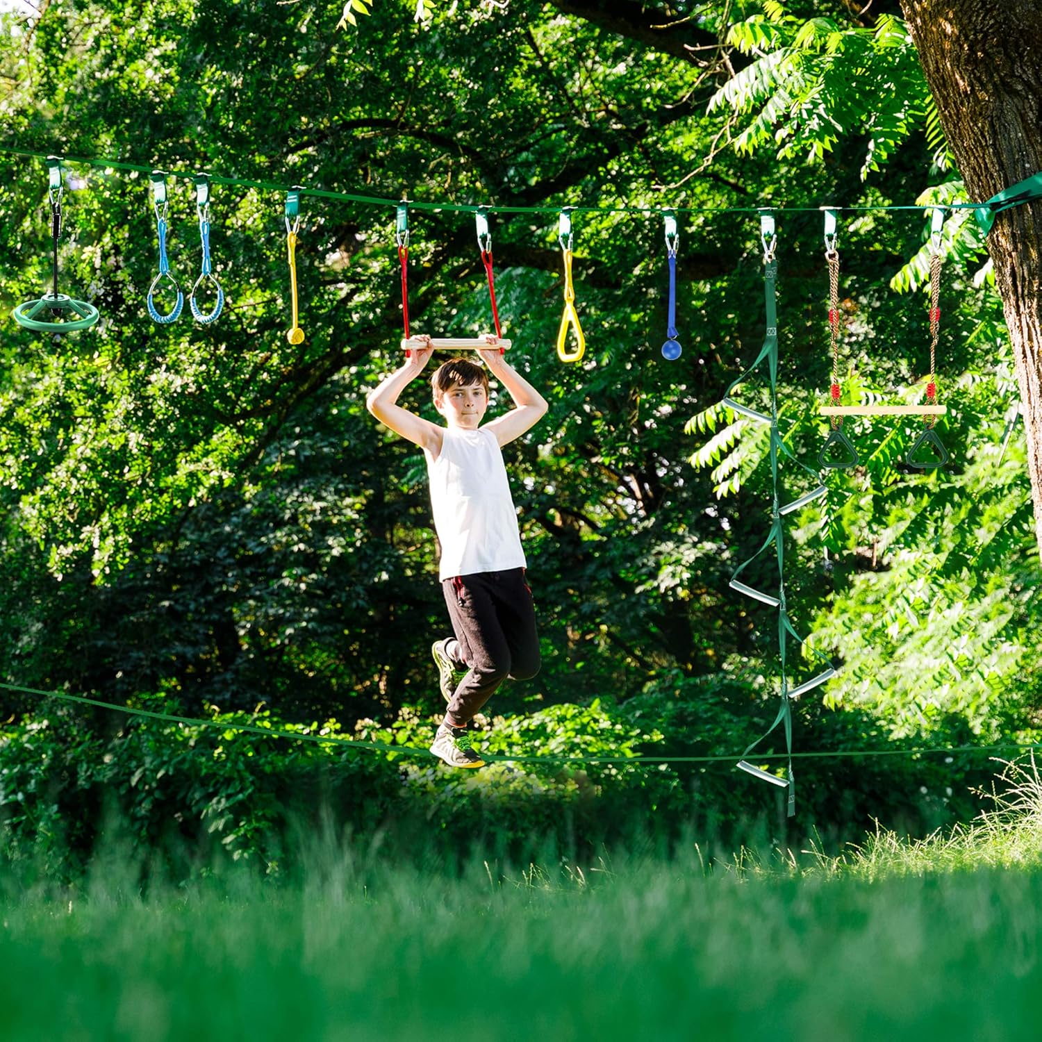 Ninja Warrior Obstacle Course for Kids - 2 x Ninja Slackline 42' with 9 Accessories for Kids, Ninja Wheel, Trapeze Swing Plus Webbing Ladder - Become a Ninja Warrior (Ninja Line + Support line): Toys & Games