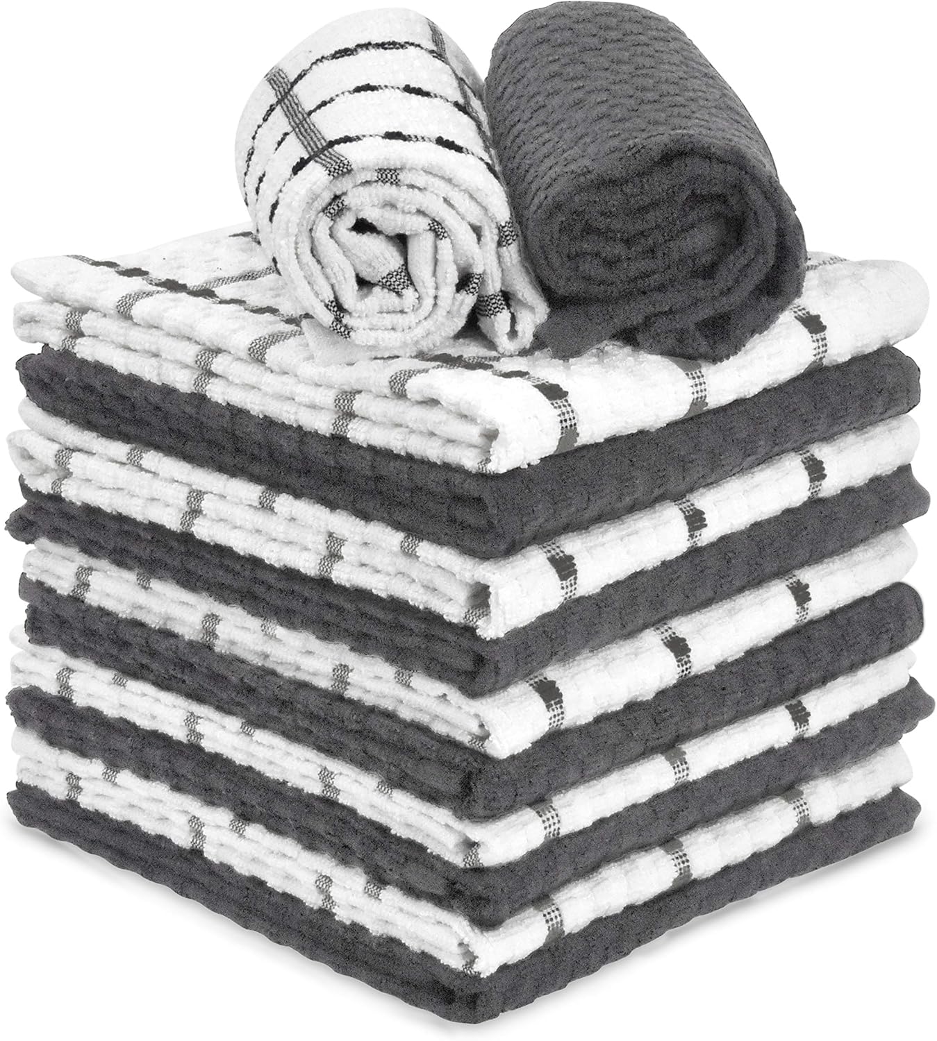 Talvania Gray & White Kitchen Dish Towels, 100% Cotton Dobby Weave Terry Towel Set, 12 Grey Soft & Absorbent Dish Cloth for Hand and All Kitchen Cleaning 15” X 25” Machine Washable (Charcoal)